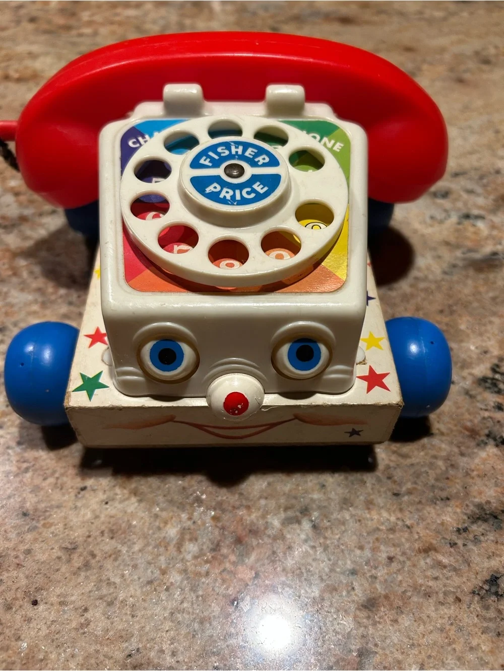 Fisher-Price #747 Wooden Rotary Chatter Pull-Along Phone Toy Vintage Eyes Move!
